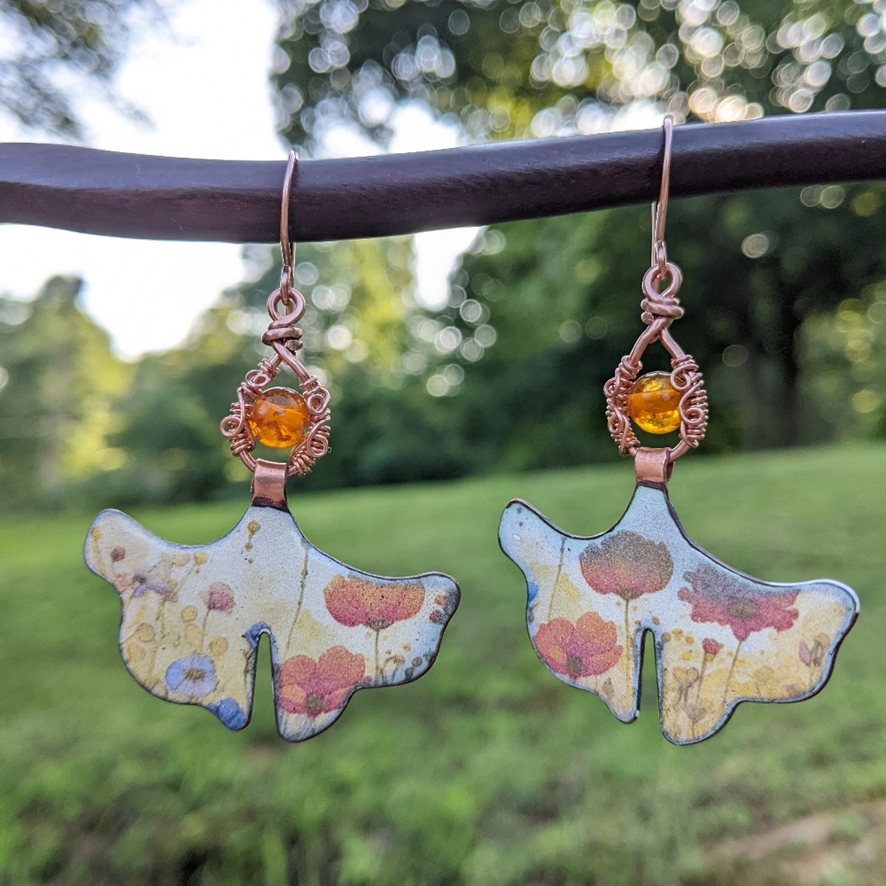Artisan Copper Earrings-Baltic Amber Beads Enameled Floral Poppy Design - Picture 6 of 6